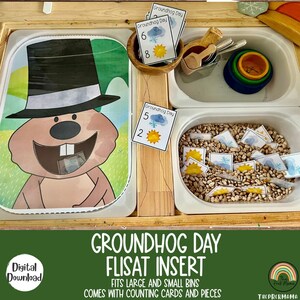 May include: Groundhog Day themed counting activity for preschoolers.  The activity includes a wooden tray with a picture of a groundhog, a small bin filled with beans, and counting cards with numbers and images of a groundhog, sun, and clouds.  The text "Groundhog Day" and "Digital Download" are also visible.