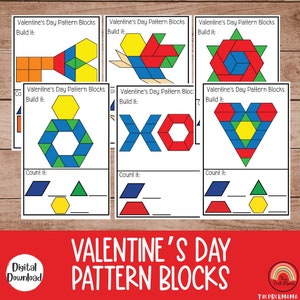 May include: Four printable Valentine's Day pattern block activity sheets. Each sheet features a different shape to build with pattern blocks, such as a heart, a star, and an 'X'.  The sheets also include a section to count the number of each shape used in the design.