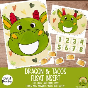 May include: A printable green dragon head with a smiling face and red horns. The dragon head is surrounded by hearts and is part of a printable FLISAT insert. The image also includes number cards and taco images.