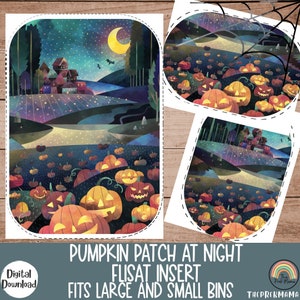 May include: A printable Halloween-themed activity for kids. The image shows a pumpkin patch at night with a village in the background. The image is designed to be used with a FLISAT insert, which fits both large and small bins.