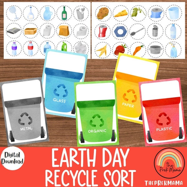 Clasificación de reciclaje del Día de la Tierra, Hoja de trabajo preescolar, Imprimible preescolar, Educación en el hogar, Imprimible para niños pequeños, Actividad para niños pequeños, Imprimible del Día de la Tierra