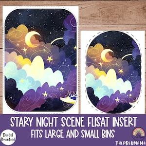 Può includere: Un download digitale di una scena notturna stellata per un inserto Flisat. La scena presenta una luna crescente, stelle e nuvole in tonalità di viola, blu e giallo. Il testo "Stary Night Scene Flisat Insert Fits Large and Small Bins" è nella parte inferiore dell'immagine.
