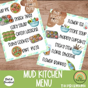 Menu de cuisine de boue, imprimable préscolaire, école à domicile, imprimable Montessori, activité préscolaire, activités de plein air, cuisine de boue, nature