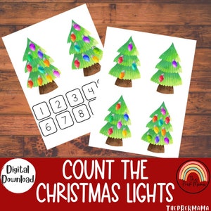 May include: A printable Christmas-themed counting activity for kids.  The worksheet features six images of Christmas trees with different numbers of colorful lights.  The worksheet also includes a number grid with numbers 1 through 8.  The text "COUNT THE CHRISTMAS LIGHTS" is at the bottom of the page.