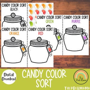 May include: A printable worksheet for kids to practice color sorting. The worksheet features six jars with labels for different colors: black, orange, red, green, purple. There are also jelly bean shapes to cut out and sort by color.