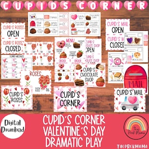 Op de afbeelding: Een printbare toneelspelset voor Valentijnsdag voor kleuters. De set bevat borden voor een Cupid's Corner, Cupid's Roses, Cupid's Mail en Cupid's Chocolate Shop. De borden zijn versierd met harten, bloemen en andere Valentijnsdag-afbeeldingen.