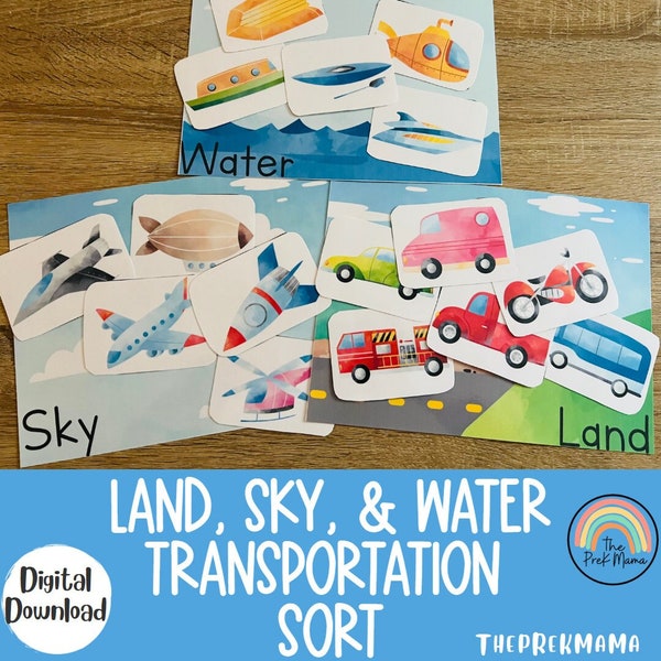 Land, Water & Sky Transportation Sort, Homeschool Printable, Busy Book Pages, Preschool Printable, Educational Activity, PreK Curriculum