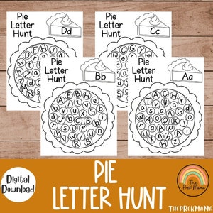 Pie Letter Hunt, Acción de Gracias y Otoño Preescolar Imprimible, Reconocimiento de letras, Preescolar en casa, Actividad de invierno para niños, Marcadores de puntos