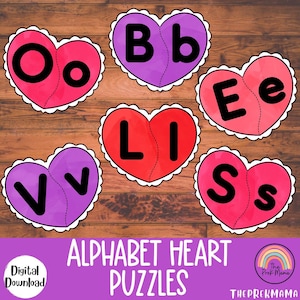 Rompecabezas de corazones del alfabeto, imprimible preescolar del día de San Valentín, imprimible de San Valentín, actividad preescolar, reconocimiento de letras