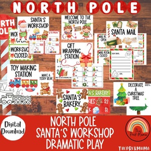 Puede incluir: Un conjunto imprimible de accesorios de juego dramático para el taller de Papá Noel en el Polo Norte. El conjunto incluye letreros para una estación de fabricación de juguetes, una estación de envoltura de regalos, la panadería de Papá Noel y la sala de correo de Papá Noel. Los letreros están decorados con rayas rojas y blancas, y presentan ilustraciones de duendes, juguetes y hombres de jengibre.