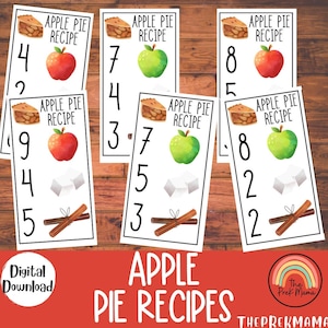 Cartões de receitas de torta de maçã, materiais Montessori, recursos escolares em casa, pré-escola para impressão, aprendizagem escolar em casa, atividade de outono, atividade matemática