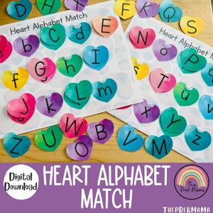 Coincidencia del alfabeto del corazón, imprimible preescolar del día de San Valentín, imprimible de San Valentín, imprimible para niños, actividad preescolar, reconocimiento de letras