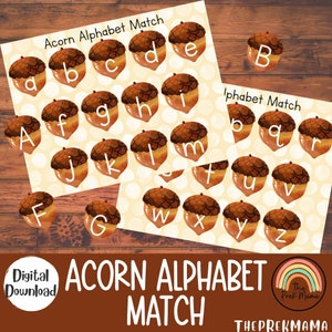Acorn Alphabet Match, Montessori Materials, Homeschool Resources, Homeschool Learning, Fall Activity for Kids, Preschool Printable