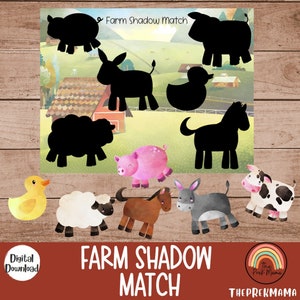 May include: A printable farm animal shadow matching game. The game features black and white silhouettes of farm animals, including a pig, donkey, duck, sheep, and horse. The animals are set against a colorful farm scene.