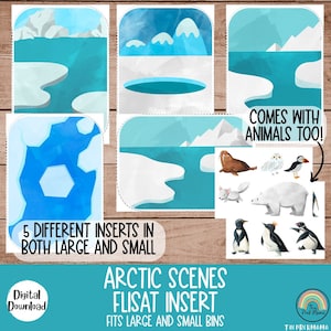 Może przedstawiać: Pięć różnych wstawek z arktycznymi scenami do zabawki FLISAT. Wstawki są niebieskie, białe i szare i przedstawiają góry lodowe, wodę i góry. Obrazek przedstawia również różne zwierzęta arktyczne, w tym niedźwiedzia polarnego, morsa, śnieżną sowę, maskonura i pingwiny.