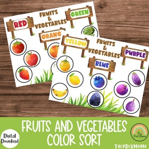 May include: A printable educational game for kids to learn about colors and fruits and vegetables. The game features images of fruits and vegetables in different colors, including red, orange, yellow, green, blue, and purple. The game is titled "Fruits and Vegetables Color Sort".