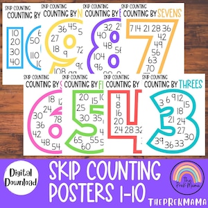 May include: A set of colorful skip counting posters for numbers 1-10. Each poster features a large number with multiples listed around the edges. The posters are in various colors and include the text "Skip Counting" and "Digital Download".