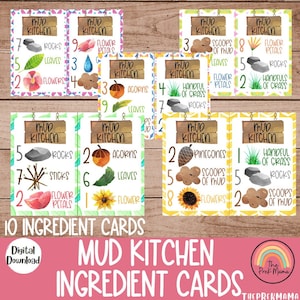 Cartes d’ingrédients de cuisine de boue, imprimables préscolaires, école à domicile, Montessori, imprimable, activité imprimable, activités de plein air, cuisine de boue