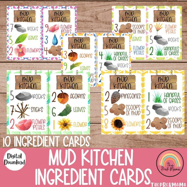 Mud Kitchen Ingredient Cards, Preschool Printable, Home School, Montessori, Printable, Printable Activity, Outdoor Activities, Mud Kitchen