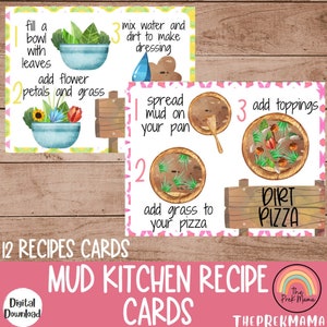 Cartões de receitas de cozinha de lama, recursos escolares em casa, pré-escola para impressão, Montessori, atividade para impressão, atividades ao ar livre, cozinha de lama
