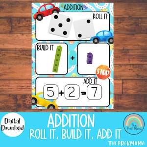 Addition Worksheet, Roll it, Build it, Add it, Montessori Printable, Homeschool Resource, Pre-K Counting, Preschool Printable, Math