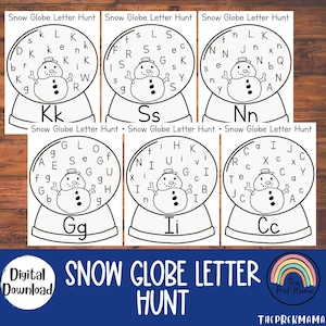 Búsqueda de letras de globos de nieve, preescolar de invierno imprimible, reconocimiento de letras, preescolar en casa, actividad de invierno para niños, marcadores de puntos