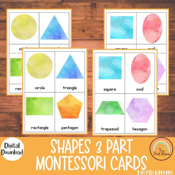 Shape Flash Cards, 3 Part Montessori Cards, Preschool Printables, Preschool Math, Homeschool, Montessori, Preschool Worksheet, Flashcards