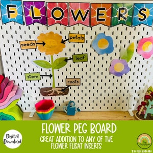 May include: A white pegboard with colorful flower parts, including petals, seeds, leaves, stems, and roots. The pegboard is labeled "FLOWER PEG BOARD" and "GREAT ADDITION TO ANY OF THE FLOWER FLISAT INSERTS".