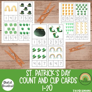 St. Patrick's Day Zähl- und Clipkarten, druckbare Vorschule, Mathematik für die Vorschule, Zählaktivität, St. Patrick's Day druckbar, PreK-Lehrplan