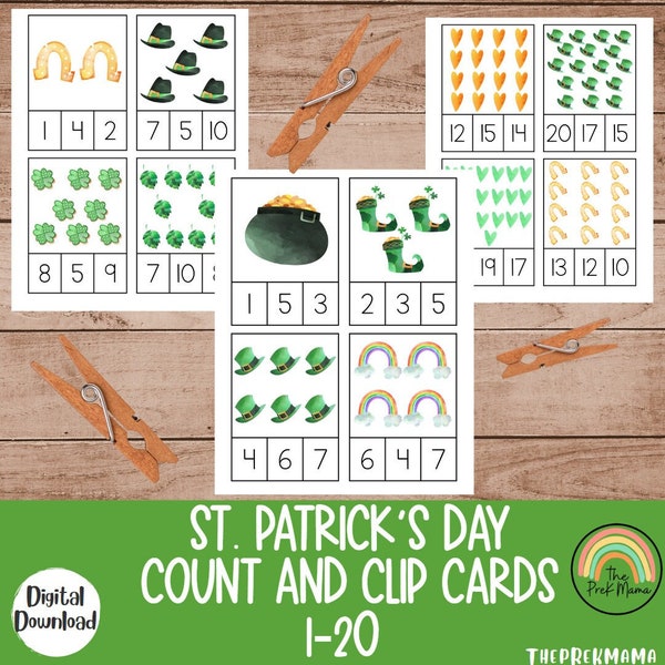 St. Patrick's Day Count and Clip Cards, Preschool Printable, Preschool Math, Counting Activity, St Patrick's Day Printable, PreK Curriculum