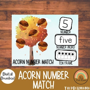 Acorn Number Match, Montessori Materials, Homeschool Resources, Homeschool Learning, Fall Activity for Kids, Preschool Printable
