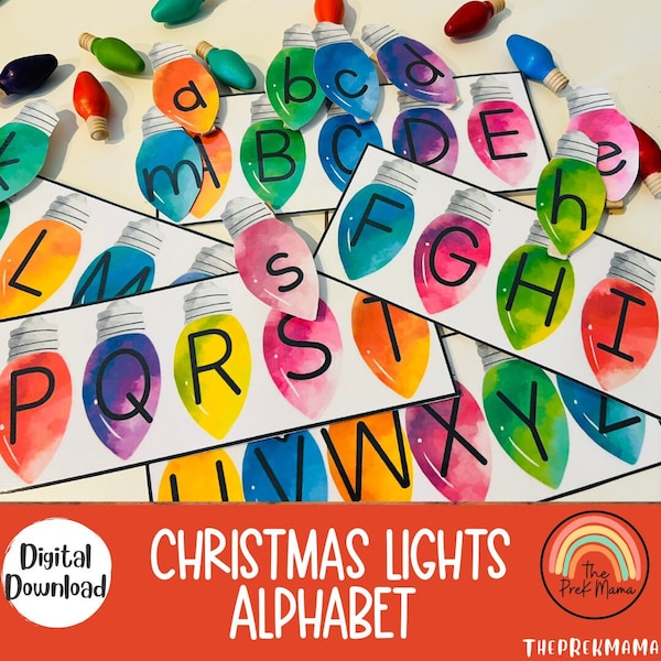 Match d'alphabet de lumières de Noël, Noël préscolaire imprimable, activité de Noël, Homeschool imprimable, Montessori imprimable, activité d'enfant