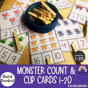 Contagem de monstros e cartões de clipe, impressão pré-escolar, matemática pré-escolar, jardim de infância, escola em casa, Montessori, impressão de Halloween, atividade