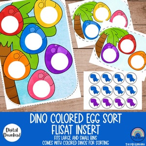 May include: Printable dinosaur egg sorting activity for kids. The printable features a colorful tree with six eggs, each with a different color. The printable also includes 12 dinosaur cutouts in different colors. The printable is titled "Dino Colored Egg Sort Flisat Insert".