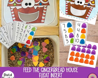 Könnte beinhalten: Eine Lebkuchenhaus-Aktivität für Kinder. Die Aktivität beinhaltet ein Lebkuchenhaus-Ausschnitt, Zahlkarten und bunte Gummibärchen. Der Text auf dem Bild lautet "Füttere das Lebkuchenhaus Flisat Insert Passt in große und kleine Behälter Kommt mit Gummibärchen zum Füttern".
