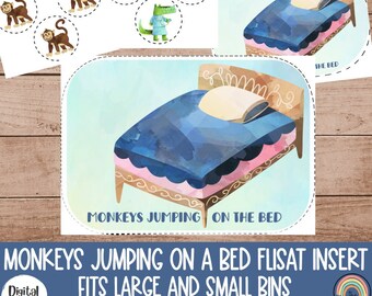Könnte beinhalten: Ein druckbarer Satz mit fünf Affen-Ausschnitten und einem Bett-Ausschnitt für eine Montessori-Aktivität. Der Text "Monkeys Jumping on the Bed" ist auf dem Bett-Ausschnitt gedruckt. Die Ausschnitte sind so konzipiert, dass sie in einen großen oder kleinen Flisat-Einsatz passen.
