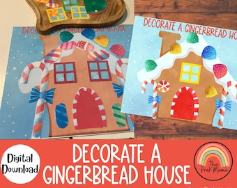 May include: A printable gingerbread house activity for kids. The image shows a gingerbread house with candy cane decorations, a red door, and windows. The text "Decorate a Gingerbread House" is at the bottom of the image.