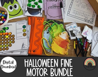 Puede incluir: Un conjunto de actividades de motricidad fina imprimibles con temática de Halloween para niños de preescolar. El conjunto incluye actividades como conectar los puntos, trazar, contar y alfombras de plastilina. Las actividades presentan imágenes de una araña, un caldero, una bruja y una calabaza.