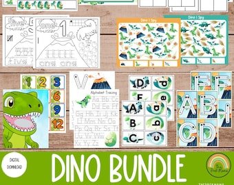 May include: A printable dinosaur-themed educational activity bundle for preschoolers. The bundle includes alphabet tracing, number recognition, counting, color identification, and more. The activities feature colorful illustrations of dinosaurs and volcanoes.