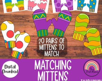 Puede incluir: Un conjunto imprimible de 20 pares de guantes coloridos para un juego de emparejamiento. El texto "20 pares de guantes para emparejar" y "Guantes a juego" está incluido en la imagen.