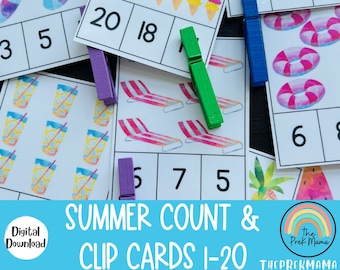 Summer Count and Clip Cards, Preschool Printable, Preschool Math, Kindergarten, Home School, Montessori, Printable, Printable Activity