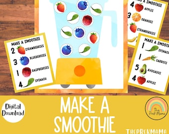 May include: A printable educational game for children featuring a blender with different fruits and vegetables. The game includes a list of ingredients and numbers to count. The text on the game says "Make a Smoothie".