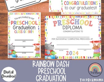 Rainbow Dashes Preschool Graduation, Preschool Diploma, Preschool Gradation Invitations, Preschool End of Year, Preschool Certificate