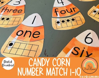Halloween Candy Corn Number Match, Halloween Preschool Printable, Homeschool Printable, Montessori Printable, Kid Activity, Toddler Activity