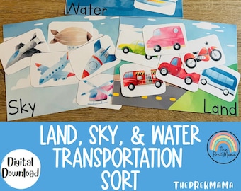 Clasificación de transporte terrestre, acuático y aéreo, imprimible en casa, páginas de libros ocupadas, imprimible en preescolar, actividad educativa, plan de estudios de prekínder