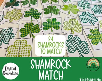 Op de afbeelding: Een set van 24 afdrukbare klavertjevier-matchingkaarten. De kaarten hebben verschillende groene klavertjevier-ontwerpen met een witte achtergrond. De tekst "24 Shamrocks to Match" en "Shamrock Match" staat op de kaarten.