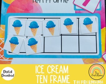 Ice Cream Ten Frame, Numbers 1-10 Count and Match, Montessori Printable, Homeschool Resource, Pre-K Counting, Preschool Printable, Math