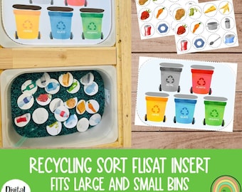 May include: A set of colorful recycling bins with labels for paper, glass, organic, metal, and plastic. The bins are part of a learning activity for sorting and recycling. The set includes small and large bins, inserts, and cutouts for sorting.