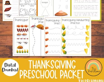 Thanksgiving Preschool Packet, Preschool Worksheets, Fall Activity for Kids, Homeschool Learning, Toddler Activity, Toddler Printable