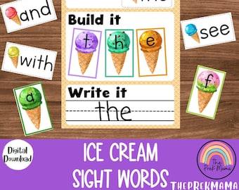 Ice Cream Sight Words, Preschool Worksheet, Preschool Printable, Learning PreK Homeschool, Homeschool Resource, Sight Word Activity
